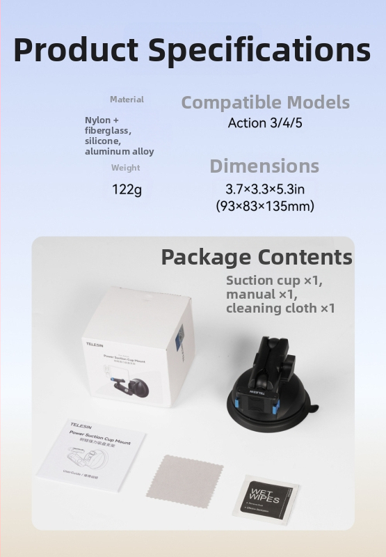 Telesin plastový držiak s vákuovou podložkou pre DJI Action 5 Pro/4 a Osmo 360 – kompatibilný s Action 5 Pro/4 a Osmo 360, upevnenie na sklo vozidla