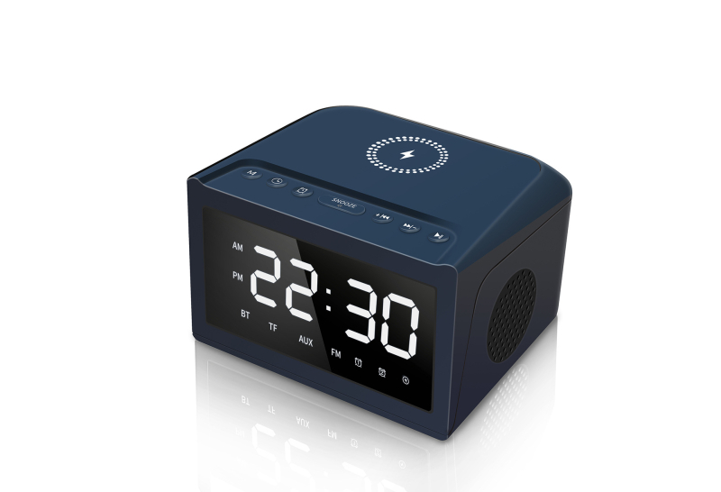 Bežični zvučnik s bežičnim punjenjem, satom i radio — Bluetooth 5.3, 2 zvučnika, 8 h reprodukcije, podrška USB flash drive 32GB, raspon frekvencija 100 Hz–20 kHz