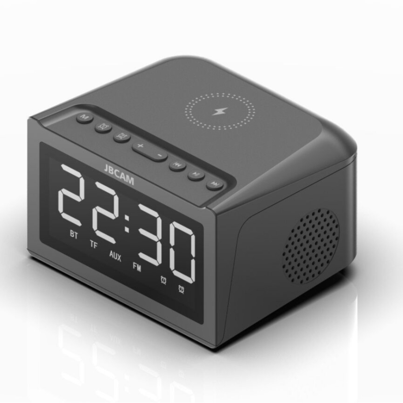 Bežični zvučnik s bežičnim punjenjem, satom i radio — Bluetooth 5.3, 2 zvučnika, 8 h reprodukcije, podrška USB flash drive 32GB, raspon frekvencija 100 Hz–20 kHz