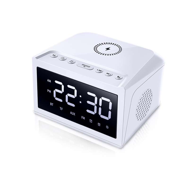 Bežični zvučnik s bežičnim punjenjem, satom i radio — Bluetooth 5.3, 2 zvučnika, 8 h reprodukcije, podrška USB flash drive 32GB, raspon frekvencija 100 Hz–20 kHz