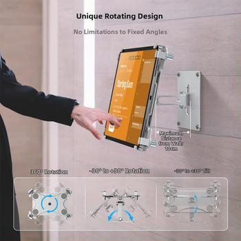 Stojan na tablet na montáž na stenu s otočnou kovovou základňou a zámkom – skladný, proti krádeži, kompatibilný s iPad/iPhone/iPod