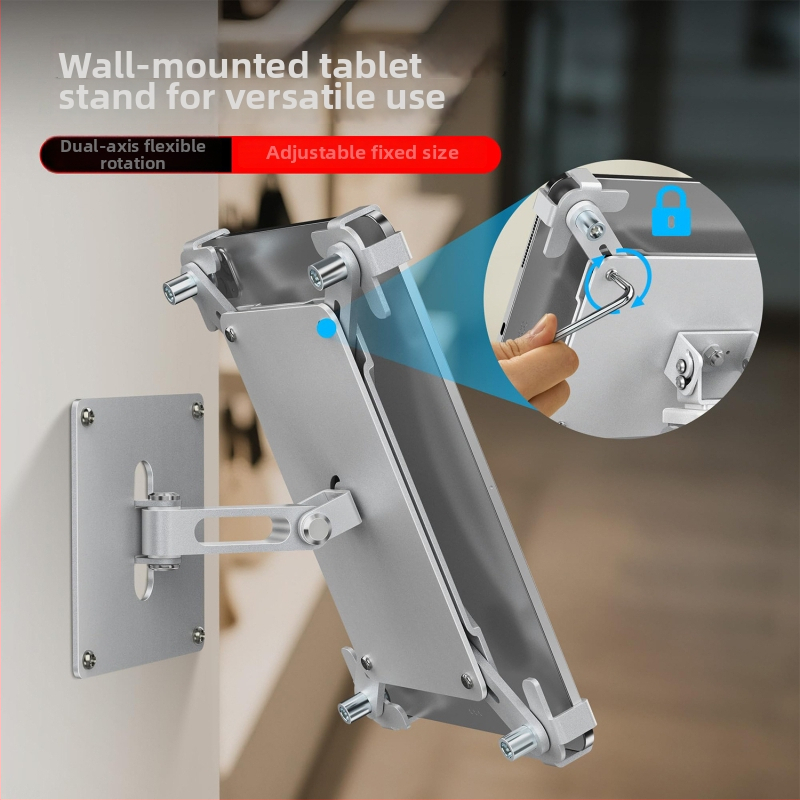 Stojan na tablet na montáž na stenu s otočnou kovovou základňou a zámkom – skladný, proti krádeži, kompatibilný s iPad/iPhone/iPod