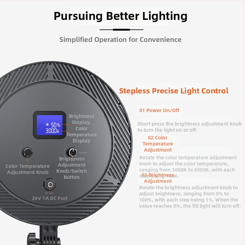 Lumină de fill pentru live streaming cu reglaj în mai multe trepte al temperaturii de culoare și al luminozității, model F-612, 20W, 24V, montaj vertical