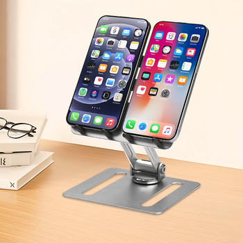 Držač za dva mobilna telefona od aluminijske legure, sklopiv, podesiv po visini, rotirajući stolni držač