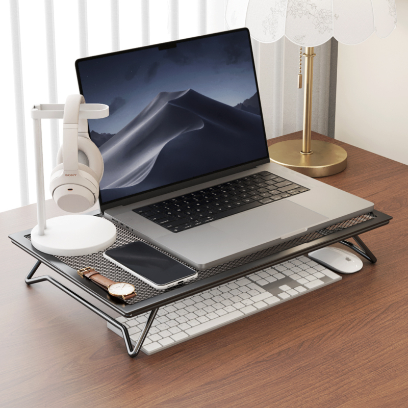 Stalak za laptop i monitor s prostorom za pohranu tipkovnice, sklopiva čelična baza i podloga za stol
