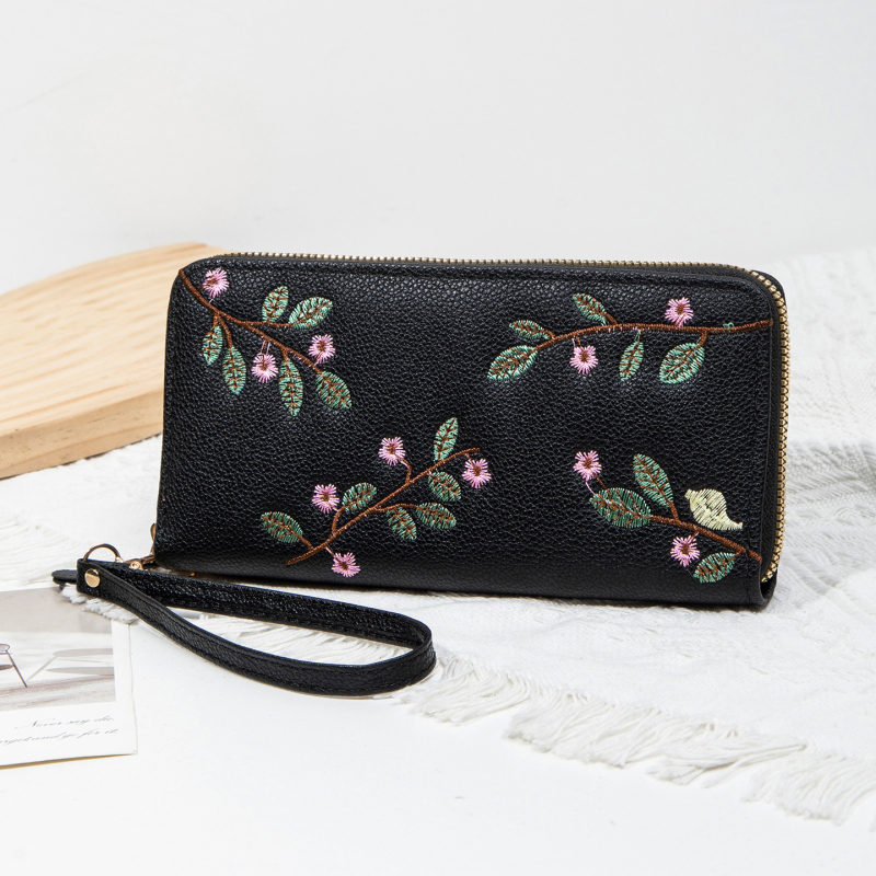 Ženski novčanik s vezenim detaljem, box torba stil, PU koža, zatvarač, podstava od sintetičke kože