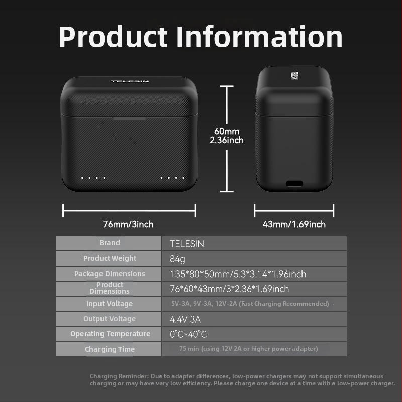 TELESIN Nabíjačka batérií pre Insta360 X4 s nabíjacím boxom a napájacím káblom, model S0-BCG-07-TIS, plast