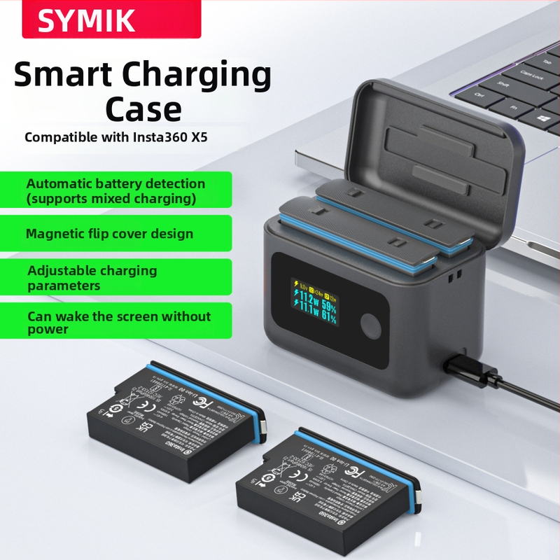 Symik Shadowstone Insta360 X5 batériový nabíjací box, USB-C, 14W na kanál, 24W maximum, PC telo, model X5dcl