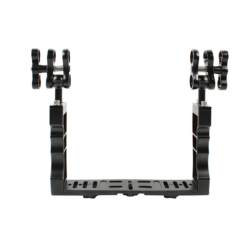 Clip fluture din aliaj de aluminiu pentru iluminat la scufundări – cu două găuri, cap dublu cu bile, încărcare 2–5 kg, pentru echipament de fotografiere subacvat cu suport dublu de mână