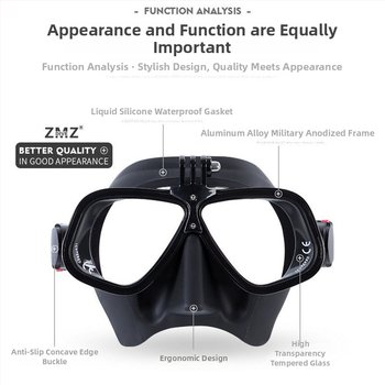 Täiskasvanute vabase sukeldumismask sportkaamera hoidja ja dioptriliste läätsedega ühilduvus, silikoon + PC