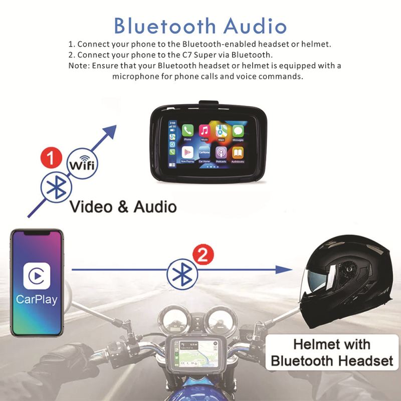 Motociklo GPS navigacija belaidžiu CarPlay/Android Auto ir Bluetooth, Gaode žemėlapiai, 3D žemėlapiai ir balso navigacija