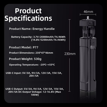 Batéria/nabíjačka pre kameru Liadi P77 – rukoväť s osvetlením, hliníková zliatina