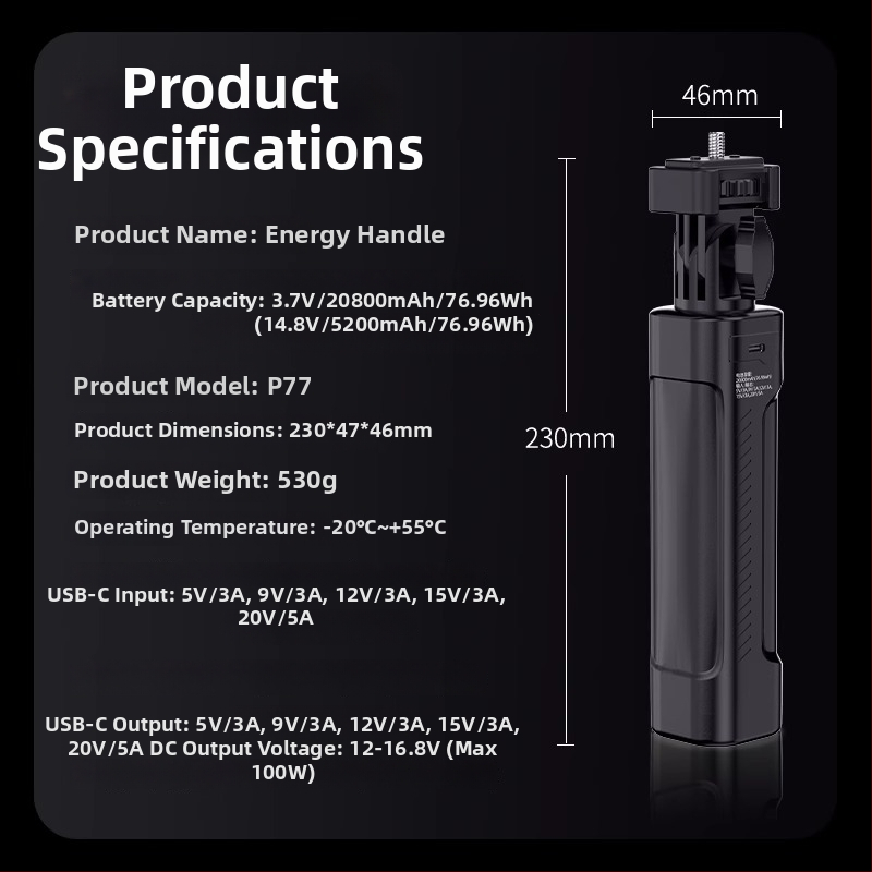 Batéria/nabíjačka pre kameru Liadi P77 – rukoväť s osvetlením, hliníková zliatina