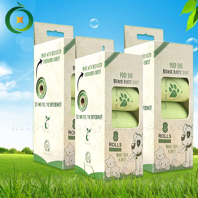Biodegradable és compostable háziállatürülék-zacskók, tekercses kivitel, vastagított, PLA+PBAT+kukoricaszárított keményítő keverék