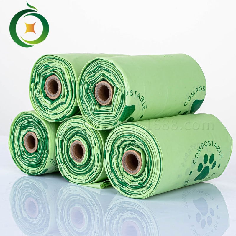 Biodegradable és compostable háziállatürülék-zacskók, tekercses kivitel, vastagított, PLA+PBAT+kukoricaszárított keményítő keverék