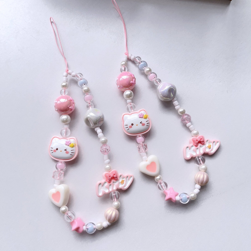 Privjesak za mobitel s mačkicom u crtanoj maniri, ručno izrađena šareni lanac od perli, akril, višestruko funkcionalno