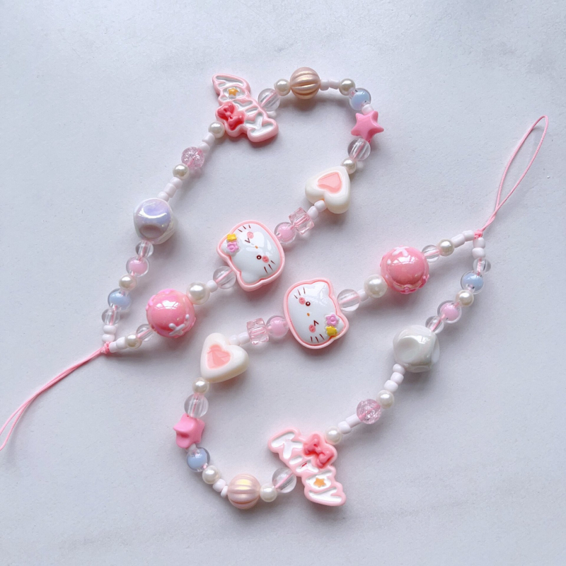 Privjesak za mobitel s mačkicom u crtanoj maniri, ručno izrađena šareni lanac od perli, akril, višestruko funkcionalno