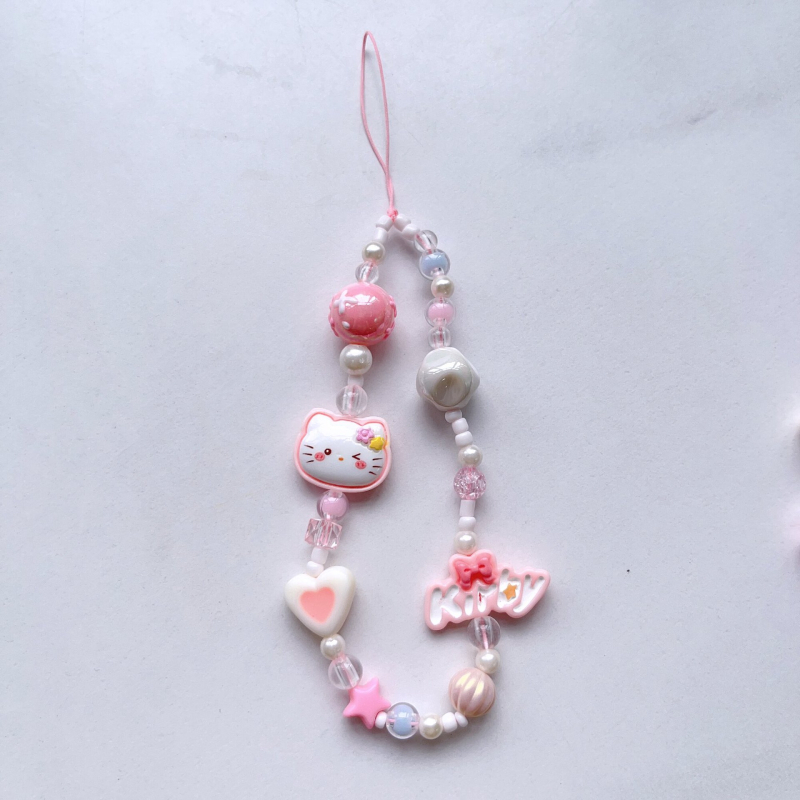 Privjesak za mobitel s mačkicom u crtanoj maniri, ručno izrađena šareni lanac od perli, akril, višestruko funkcionalno