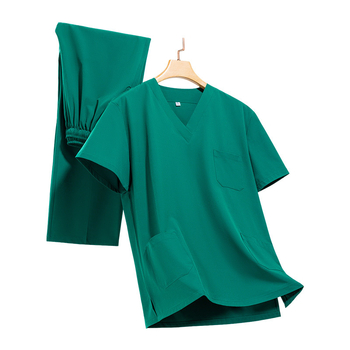 Set unisex de lucru în stil halat de laborator, poliester-elastan, evacuează umezeala, mâneci scurte, decolteu în V, set top și pantaloni