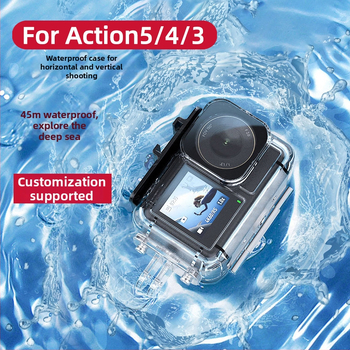 Vodotesný kryt pre DJI Osmo Action 3/4/5 PRO — Model Action5/4/3, Materiál: PC 306, nerezová oceľ, tvrdené sklo, Hmotnosť 86 g, Obsah balenia: vodotesný kryt, základ, skrutky, kľúč