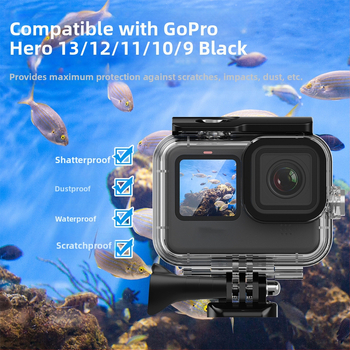 Youyixin 9-13 vodotesný kryt pre GoPro HERO9-13; materiál: PC, tvrdené sklo a nerezová oceľ; kompatibilný s HERO9-13; odolný voči prachu a určený na potápanie