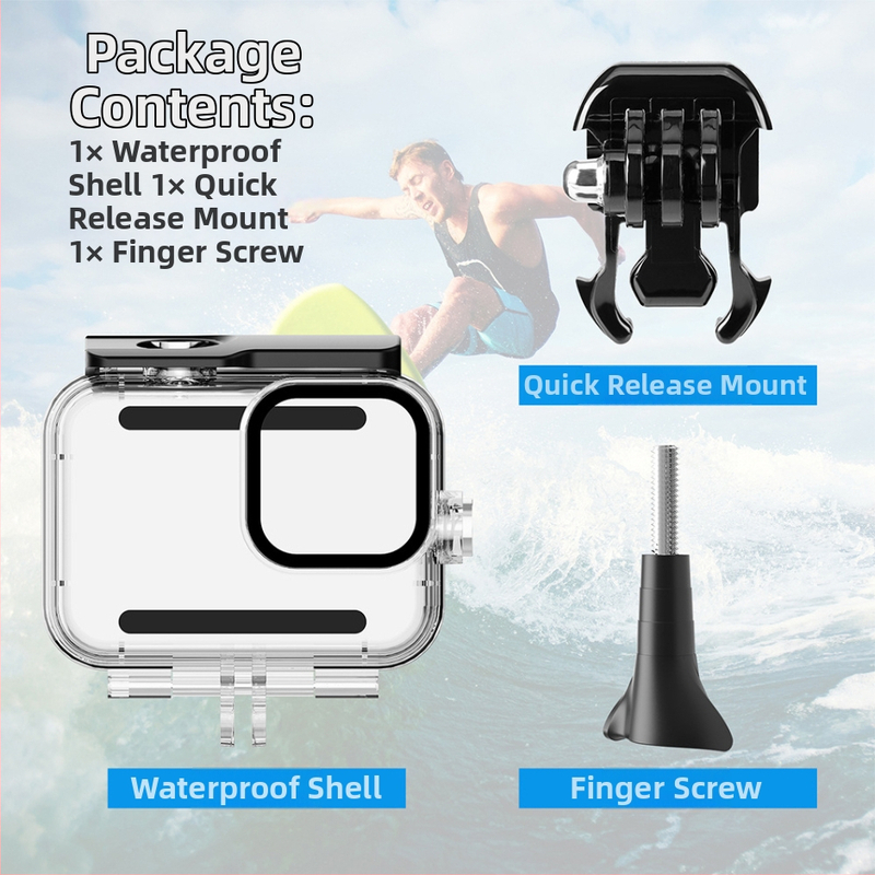 Youyixin 9-13 vodotesný kryt pre GoPro HERO9-13; materiál: PC, tvrdené sklo a nerezová oceľ; kompatibilný s HERO9-13; odolný voči prachu a určený na potápanie