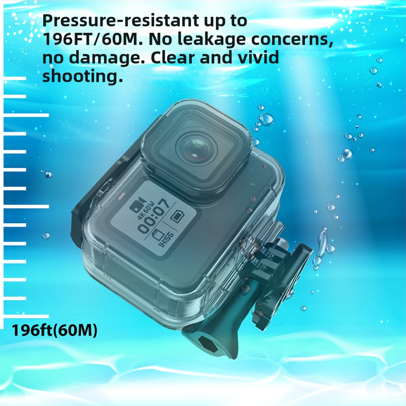 Youyixin 9-13 vodotesný kryt pre GoPro HERO9-13; materiál: PC, tvrdené sklo a nerezová oceľ; kompatibilný s HERO9-13; odolný voči prachu a určený na potápanie