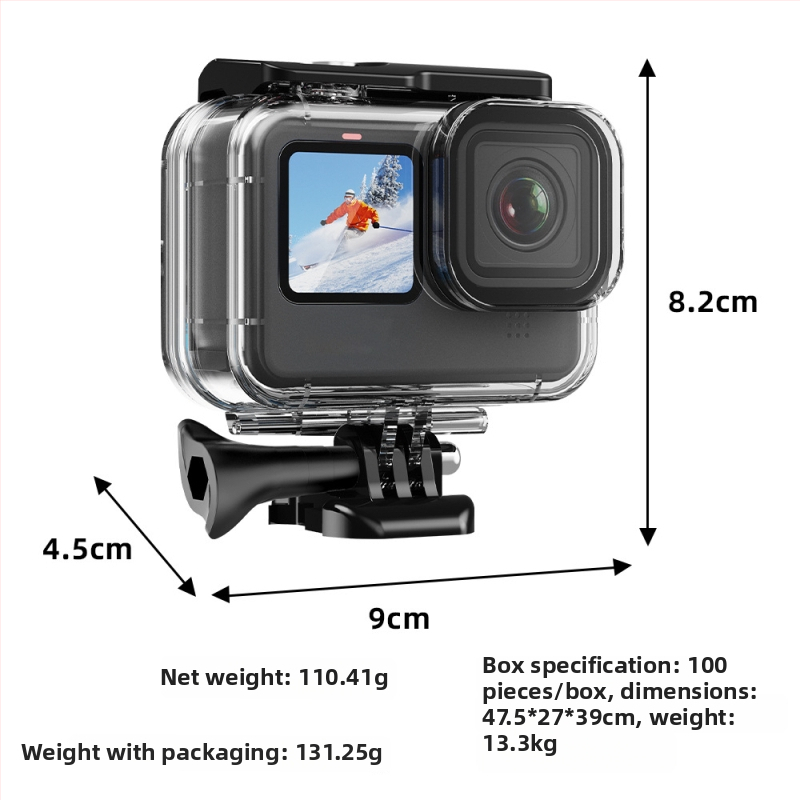 Youyixin 9-13 vodotesný kryt pre GoPro HERO9-13; materiál: PC, tvrdené sklo a nerezová oceľ; kompatibilný s HERO9-13; odolný voči prachu a určený na potápanie