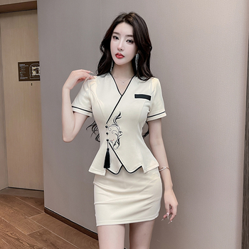Uniformă pentru tehnician spa, croială Slim, design pentru acoperire a burții, mâneci scurte, guler rotund, material poliester-spandex, costum din două piese pentru spa, saună și tratamente de înfrumusețare