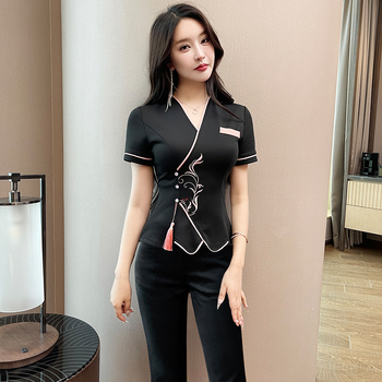 Uniformă pentru tehnician spa, croială Slim, design pentru acoperire a burții, mâneci scurte, guler rotund, material poliester-spandex, costum din două piese pentru spa, saună și tratamente de înfrumusețare