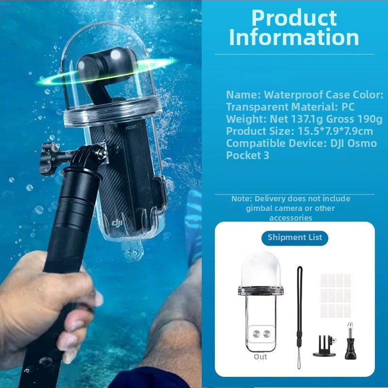 Vodotesný kryt Pocket3 pre DJI Pocket3 - plastová konštrukcia; Obsahuje vodotesný kryt, rukoväť, 1/4-palecová základňa adaptéra, dlhú skrutku, 12 anti-fog listov