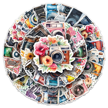 50 autocolante cu camere retro – stil graffiti/cartoon, impermeabile, autocolante pentru husă telefon, caiete și laptopuri • Brand Mann new • Stil Retro Wind • Proces de imprimare offset • Greutate 30 g