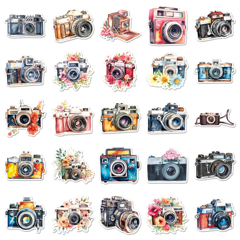 50 autocolante cu camere retro – stil graffiti/cartoon, impermeabile, autocolante pentru husă telefon, caiete și laptopuri • Brand Mann new • Stil Retro Wind • Proces de imprimare offset • Greutate 30 g