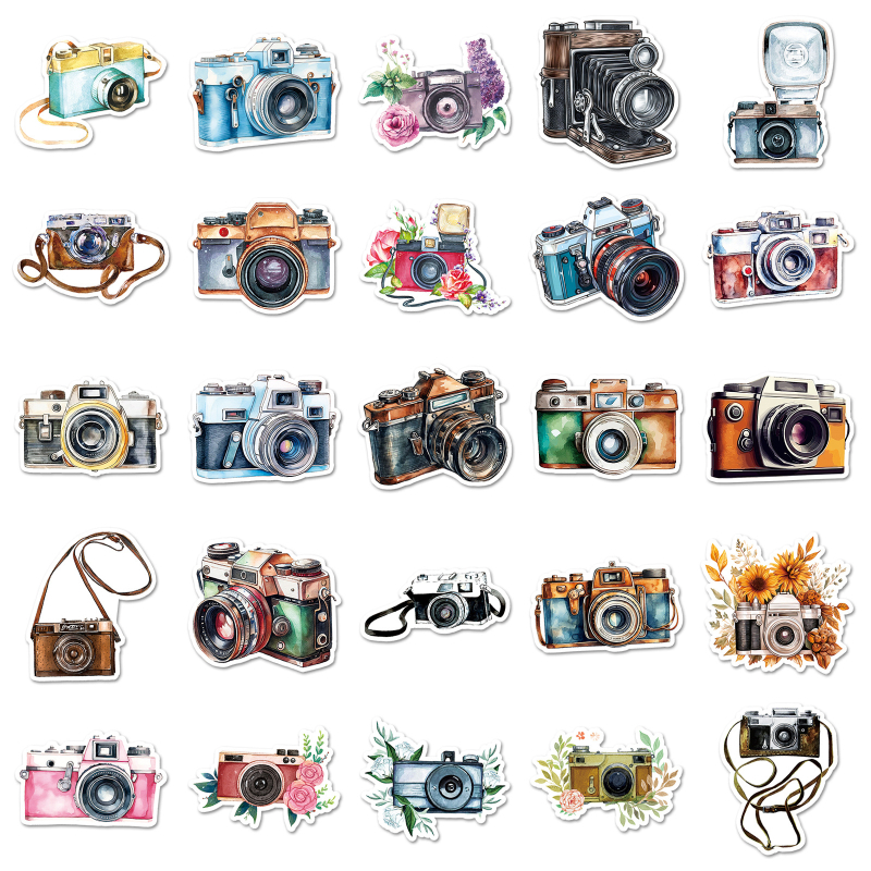 50 autocolante cu camere retro – stil graffiti/cartoon, impermeabile, autocolante pentru husă telefon, caiete și laptopuri • Brand Mann new • Stil Retro Wind • Proces de imprimare offset • Greutate 30 g