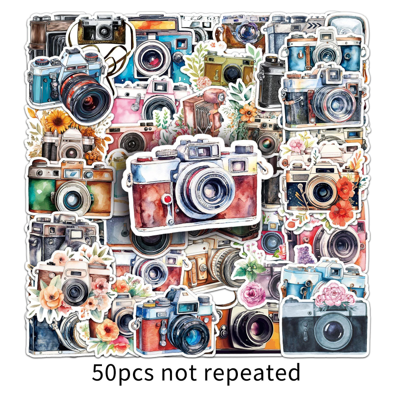 50 autocolante cu camere retro – stil graffiti/cartoon, impermeabile, autocolante pentru husă telefon, caiete și laptopuri • Brand Mann new • Stil Retro Wind • Proces de imprimare offset • Greutate 30 g