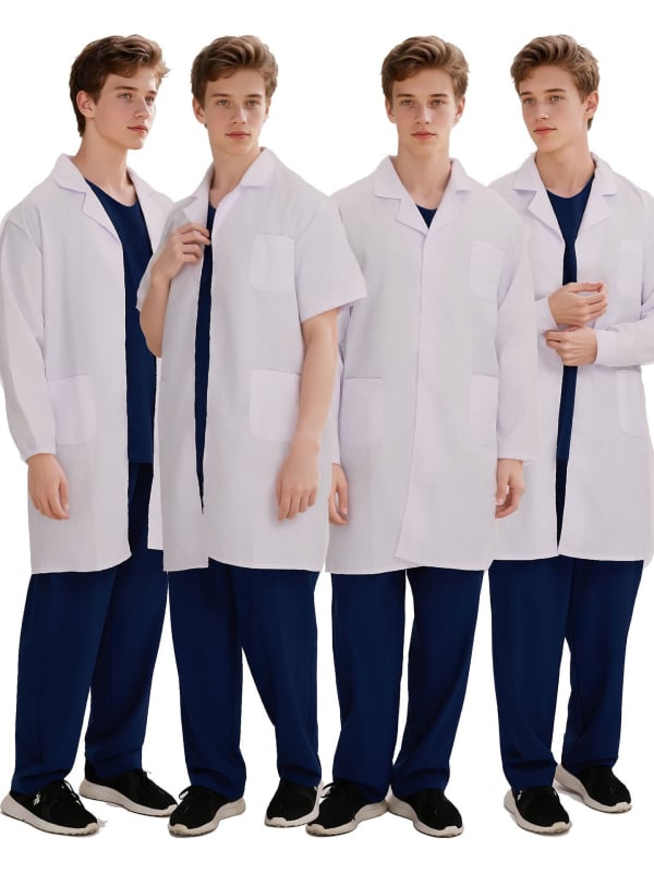 Nightingale unisex dlhý rukáv laboratórny plášť s Velcro zapínaním, bavlneno-polyesterová zmes, odvádzanie vlhkosti, golier typu saka