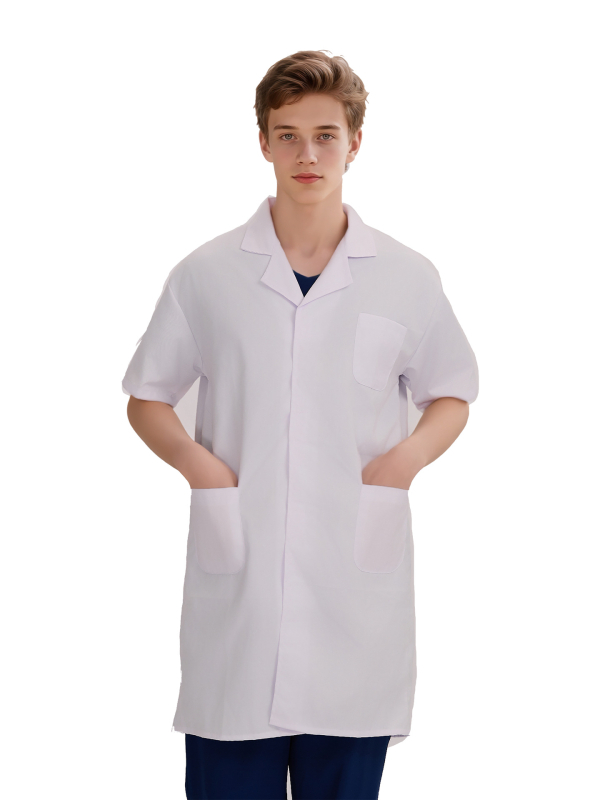 Nightingale unisex dlhý rukáv laboratórny plášť s Velcro zapínaním, bavlneno-polyesterová zmes, odvádzanie vlhkosti, golier typu saka