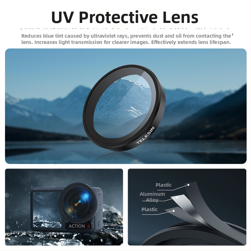 TELESIN UV zaštitno ogledalo za DJI Action 3/4/5 — aluminijska legura + optičko staklo, dodatak filtra