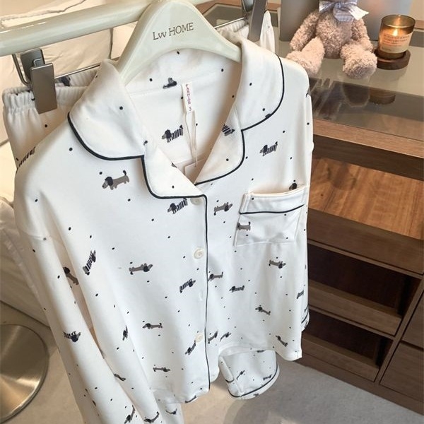 Set de pijamale pentru femei – velur cald, imprimeu cu câine, mâneci lungi, pentru iarnă