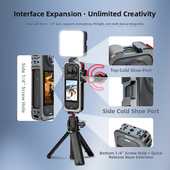 Insta360 X5 Rabbit Cage apsauginis rėmelis – aliuminio lydinys + silikono objektyvo dangtelis, 63,5 g; įtrauktas: narvas rėmas, objektyvo dangtelis ir 4 vėjo atsparios vatos