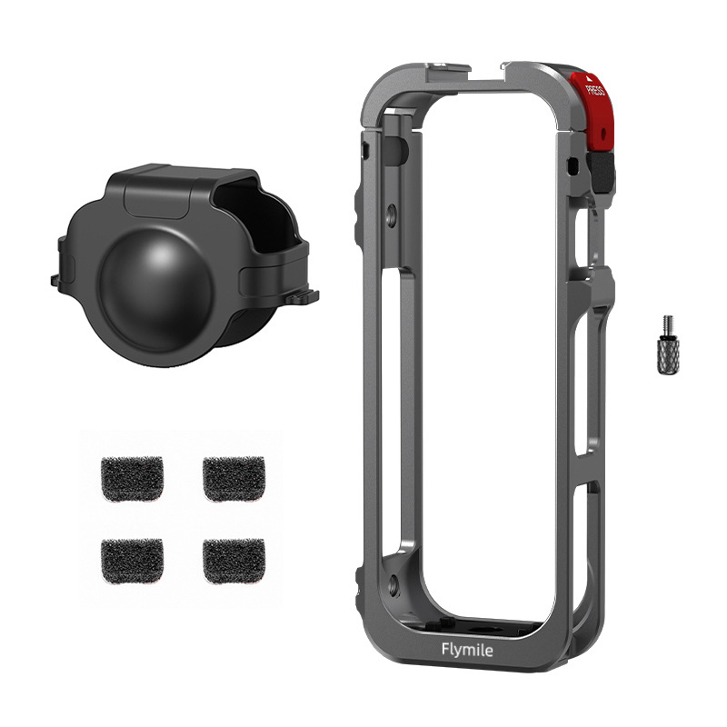 Ramă de protecție Insta360 X5 Rabbit Cage – aliaj de aluminiu + capac din silicon pentru obiectiv, 63,5 g; include: ramă pentru cușcă, capac de obiectiv și 4 vată anti-vânt