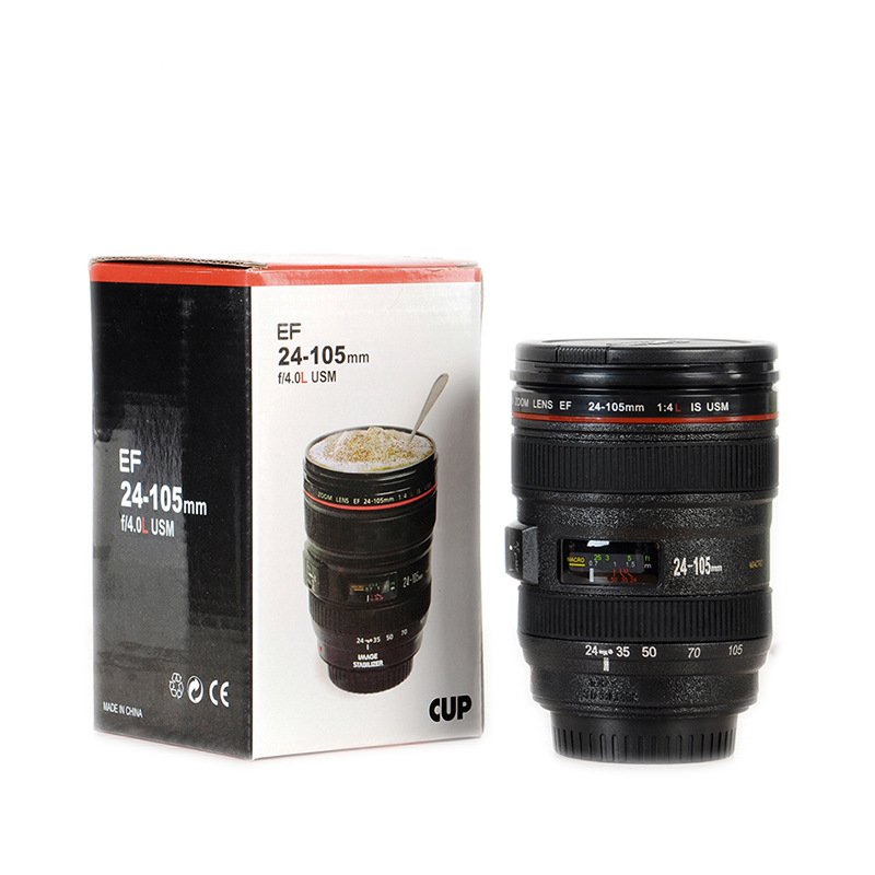 Műanyag kameraobjektív alakú kávés bögre fedővel, testreszabható, logó nyomtatva