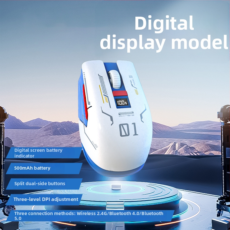 Bezdrôtová Bluetooth herná myš s digitálnym displejom, tri režimy DPI 800/1200/1600, Type-C nabíjanie, 5 tlačidiel, model M1, biela