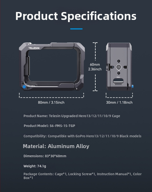 Telesin GP13 kovová klietka pre GoPro – vylepšený model, kompatibilný s HERO 9–13, hliníková zliatina, kód produktu S6-fms-15-tgp