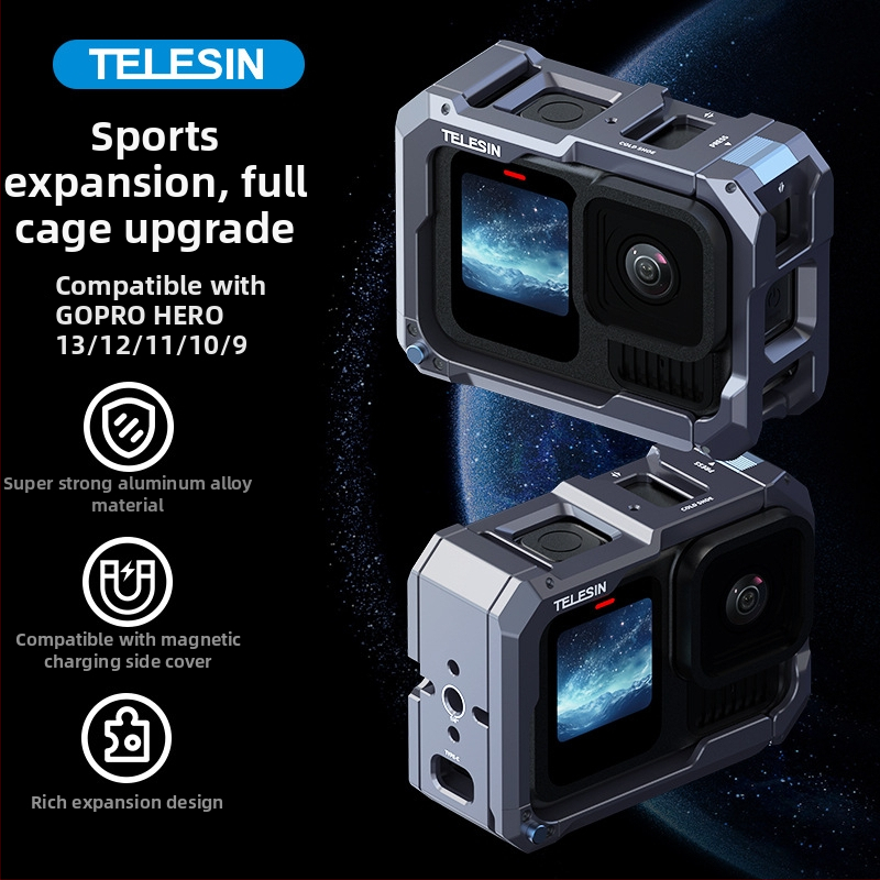 Telesin GP13 kovová klietka pre GoPro – vylepšený model, kompatibilný s HERO 9–13, hliníková zliatina, kód produktu S6-fms-15-tgp