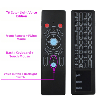Bezvadu divpusēja tastatūra un pele tālvadības pults set‑top kastītei, projektoram un viedajam televizoram — Modelis T6, USB interfeiss, darbības diapazons 10 m, svars 0,18 kg
