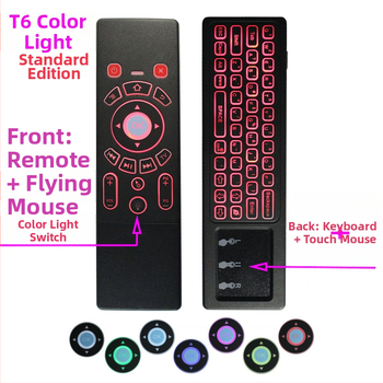 Bezvadu divpusēja tastatūra un pele tālvadības pults set‑top kastītei, projektoram un viedajam televizoram — Modelis T6, USB interfeiss, darbības diapazons 10 m, svars 0,18 kg