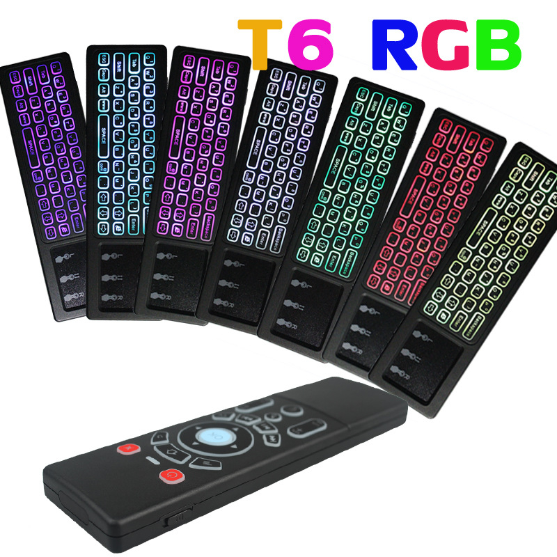 Bezvadu divpusēja tastatūra un pele tālvadības pults set‑top kastītei, projektoram un viedajam televizoram — Modelis T6, USB interfeiss, darbības diapazons 10 m, svars 0,18 kg