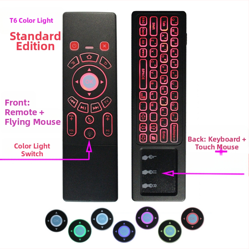 Bezvadu divpusēja tastatūra un pele tālvadības pults set‑top kastītei, projektoram un viedajam televizoram — Modelis T6, USB interfeiss, darbības diapazons 10 m, svars 0,18 kg