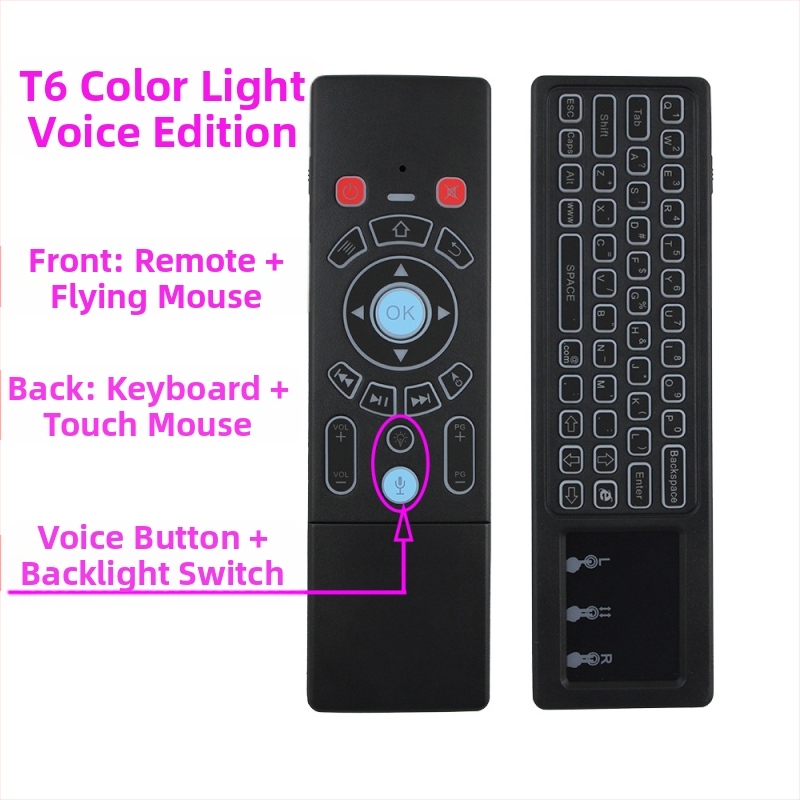 Bezvadu divpusēja tastatūra un pele tālvadības pults set‑top kastītei, projektoram un viedajam televizoram — Modelis T6, USB interfeiss, darbības diapazons 10 m, svars 0,18 kg